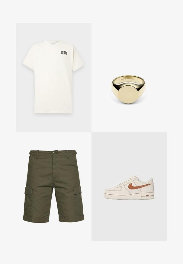 Cremefarvet bomulds t-shirt med korte ærmer, der har "NIKE SB" i sort og rød tekst på brystet. Standard rund halsudskæring.; Oliven grønne cargo shorts lavet af letvægtsstof, med to sidelommer med klapper, bæltestropper og en knaplukning.; Nike Air Force 1 sneaker med en overdel i cremet læder, brun logo og syningsdetaljer. Har en rund tå og en tekstureret gummisål.; Guldfarvet ring med et glat, afrundet design, der har en fremtrædende flad overflade på toppen og en poleret finish over hele ringen.