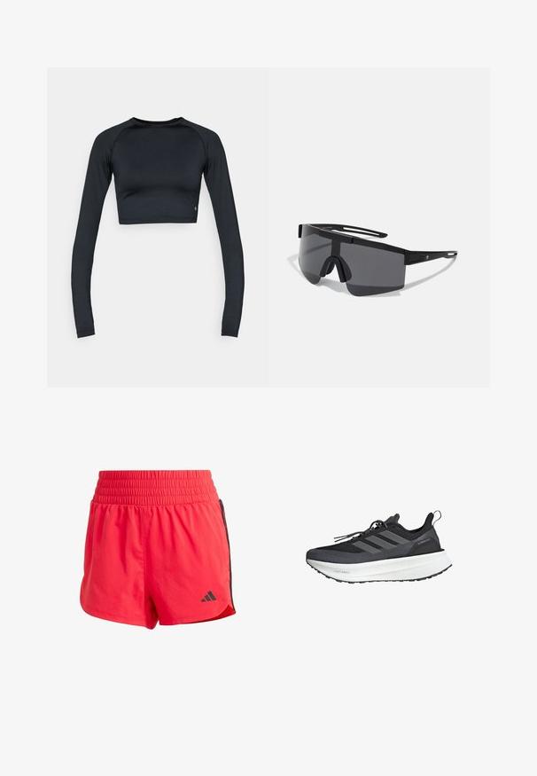 Schwarzes Crop-Top mit langen Ärmeln aus glattem, elastischem Stoff. Verfügt über einen runden Ausschnitt und ein figurbetontes Design mit dezenten Details am Saum.; Rote Sportshorts aus leichtem Material mit einem elastischen Bund, schwarzen seitlichen Akzenten und einem kleinen Logo auf der unteren linken Seite.; Schwarzer Sportschuh mit einem Mesh-Obermaterial, drei grauen Streifen, einer dicken weißen Sohle und strukturierten Details. Verfügt über eine Schlaufe an der Ferse.; Schwarze übergroße Sonnenbrille mit einem robusten Kunststoffrahmen, Wickeldesign und dunklen Gläsern, ausgestattet mit einem Nasensteg und minimalen seitlichen Akzenten.