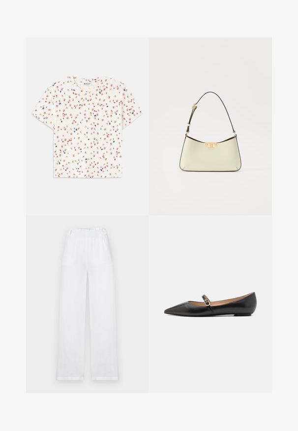 Fehér, rövid ujjú póló, amely virágmintával díszített, piros és kék virágokkal, kerek nyakkivágású és puha, textúrált anyagból készült.; Fehér vászon, bőszárú nadrág elasztikus derékkal, két oldalsó zsebbel és egyenes vonalú, felgöngyölített szegélyekkel.; Fekete bőr balettlapok hegyes orral és oldalsó pánttal, amelyen egy kör alakú arany dísz található. Könnyű, lapos talpú.; Krém színű bőrtáska ívelt formával. Aranyszínű logó díszítéssel és vékony, állítható sötét pánttal rendelkezik.