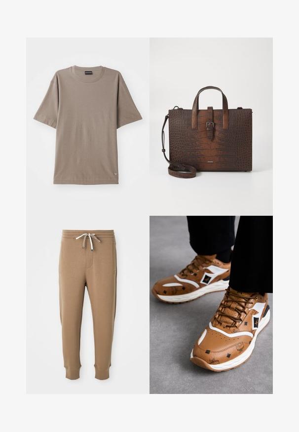 Ruskea lyhythihainen t-paita, jossa on pyöreä kaula-aukko, hienovarainen teksturoitu kuvio ja pieni logotunniste vasemmalla alhaalla.; Vaaleanruskeat hikoiluhousut, joissa on joustava vyötärö, valkoiset ja ruskeat narut, sivutaskut ja käärityt nilkat valkoisella taustalla.; Valkoisilla yksityiskohdilla varustetut ruskeat nahkakengät, joissa on teksturoitu pinta ja kultaiset yksityiskohdat; paksu valkoinen pohja; pyöreä kärki ja nauhakiinnitys.; Ruskea krokotiilien kuviollinen nahkakäsilaukku, jossa on yläkahvat ja irrotettava olkahihna. Ominaisuuksiin kuuluu solkilukko ja suorakulmainen muoto.