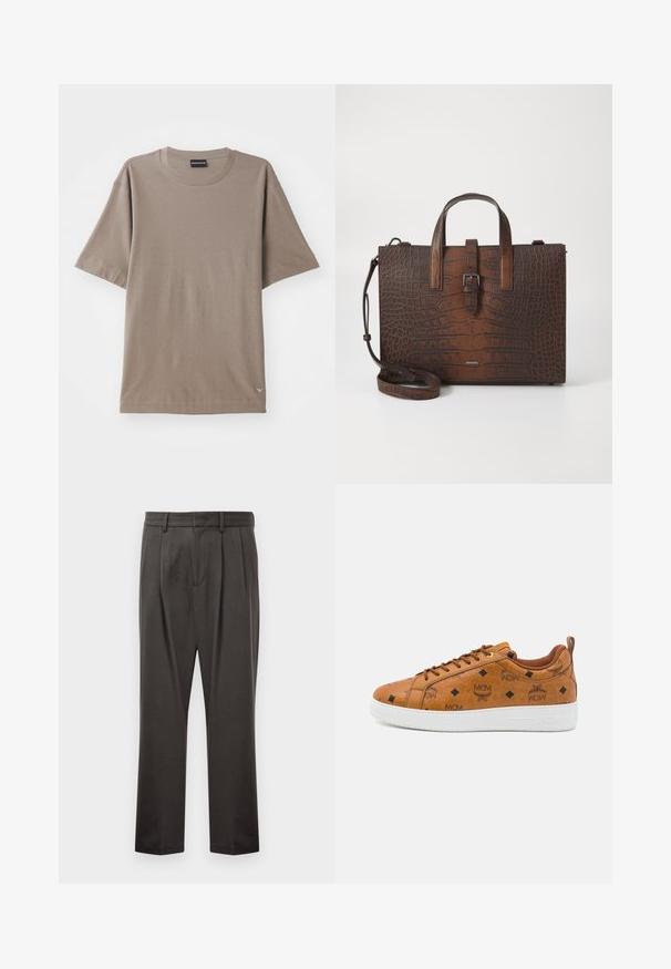 Barna, rövid ujjú póló, kerek nyakkivágással, finom textúrázott mintával és egy kis logó címkével a bal alsó oldalon.; Sötét szürke nadrág, textúrált anyagból készült, sima elejű, redőzött, egyenes lábakkal és övhurkokkal. Nincs látható fémalkatrész vagy minta.; Barna bőr sportcipők, MCM logóval, gyémántmintázattal, fehér gumitalppal és kontrasztos barna fűzőkkel.; Barna krokodilbőr hatású bőr kézitáska tetejére erősített füllel és levehető vállpánttal. Csattal záródik, és téglalap alakú.