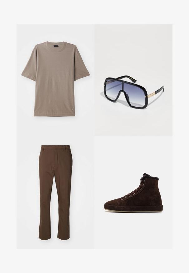 Brown short-sleeve t-shirt with a crew neck design, featuring a subtle textured pattern and a small logo tag on the lower left side.; NN.07 BILLIE - Trousers - brown; Brown suede high-top sneakers with lace-up front, round toe, soft lining at the collar, and rubber sole.; Oversized black sunglasses with a gradient purple lens, glossy finish, and gold accents on the temple. Rectangular frame shape.