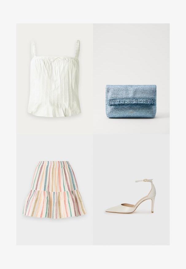 Balta be rankovių palaidinė su plonais petnešomis, turinti klostytą tekstūrą ir nėrinių akcentus palei iškirpę. Lengvas medvilnės audinys.; Sluoksniuota sijonas, pagamintas iš lengvos medžiagos su horizontaliomis pastelinių spalvų juostelėmis. Turi elastinę liemenėlę ir susiraukšlėjimą.; Balti odiniai aukštakulniai batai su smailiu priekiniu galu, kulkšnies dirželiu ir siauru stiletu. Lygi tekstūra su subtiliu blizgiu paviršiumi.; Šviesiai mėlyna audinė rankinė su tekstūruotu paviršiumi ir frakcinėmis detalėmis priekyje. Kraštovaizdžio formos ir subtilus ženklas.