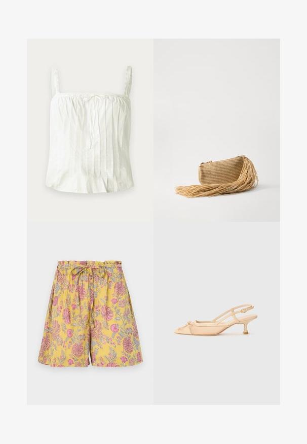 White sleeveless top with thin straps, featuring pleated texture and lace accents along the neckline. Lightweight cotton fabric.; Floral-patterned shorts in yellow, featuring pink and gray designs, elastic waistband with a tie, and loose, relaxed fit.; Stuart Weitzman KITTY - Classic heels - beige/barely beige; Cult Gaia VIERA - Clutch - natural