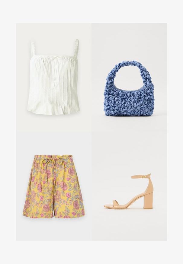 Bílé bezramínkové tričko s tenkými popruhy, zdobené plisovanou texturou a krajkovými detaily pod výstřihem. Lehká bavlněná tkanina.; Květinové šortky ve žluté barvě, s růžovými a šedými vzory, elastickým pasem se zavazováním a volným, uvolněným střihem.; Nahé lakované sandály na podpatku se čtveratou špičkou, kotníkovým páskem a masivním blokovým podpatkem. Hladká texturka a minimální designové detaily.; Modrá látková kabelka s nabíranou strukturou a silným, volánkovým uchopem. Obsahuje jemné pruhované vzory po celém povrchu. Kompaktní obdélníkový tvar.