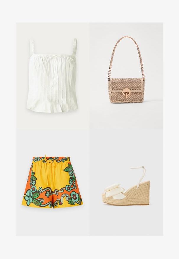 White sleeveless top with thin straps, featuring pleated texture and lace accents along the neckline. Lightweight cotton fabric.; Yellow and orange shorts featuring floral patterns in green and brown. Elastic waistband with a drawstring, made of lightweight fabric.; Wedge sandal with a natural jute platform, cream fabric upper, and two layered floral accents; features a thin ankle strap with buckle.; Vanessa Bruno MOON - Cross body bag - beige/ivoire