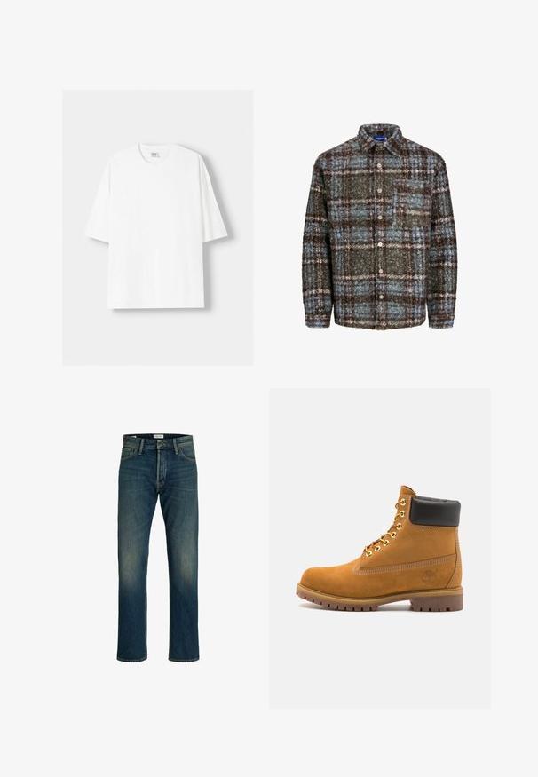 Witte t-shirt met korte mouwen, gemaakt van katoen, met een ronde halslijn en een relaxte pasvorm. Gladde textuur, zonder zichtbare patronen of accenten.; Bruine en blauwe geruite overhemdenjas van textuurstof; heeft een borstzak en knoopsluiting.; Denim jeans met een gemiddeld blauwe wassing, rechte pijpen, een klassiek vijf-pocket ontwerp en lichte vervaging op de dijen voor textuur.; Tan suède enkelboot met zwart gevoerd kraagje, gouden metalen oogjes, witte stikdetails en een robuuste rubberen zool met uitgesproken profiel.