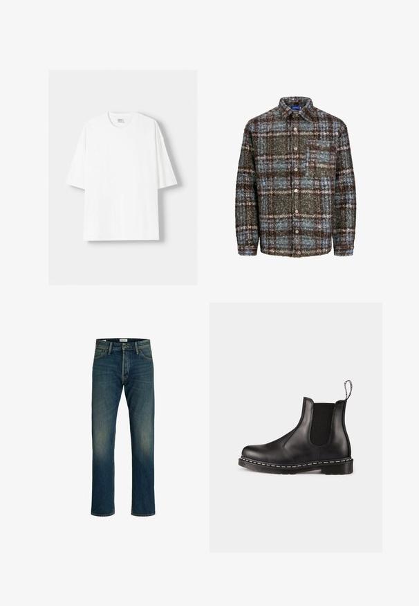 Valkoinen lyhythihainen t-paita, joka on valmistettu puuvillasta, ominaisuutenaan pyöreä pääntie ja rento istuvuus. Sileä pinta, ilman näkyviä kuvioita tai yksityiskohtia.; Ruskea ja sininen ruudullinen takki, joka on valmistettu rakennekankaasta; siinä on rintatasku ja nappilukitus.; Farkkuhaalarit, joissa on keskipitkä sininen pesu, suora lahje, klassinen viiden taskun malli ja kevyttä haalistumista reisi-alueella tekstuurin vuoksi.; Musta nahkainen Chelsea-boot, jossa on elastiset sivupaneelit, pyöreä kärki, vetotasku, valkoinen ommel pohjassa ja kuvioitu kumipohja.