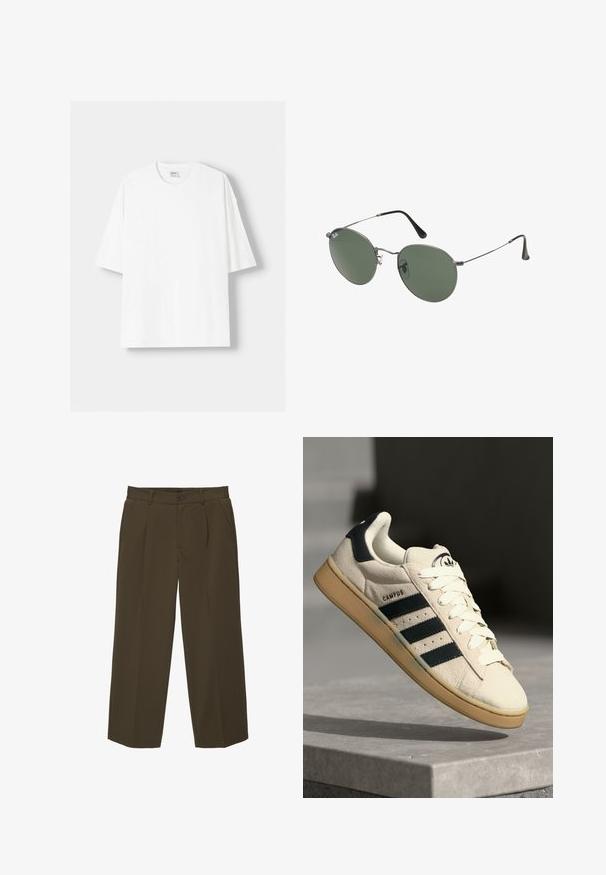 Fehér, rövid ujjú pamut póló, kerek nyakkivágással és laza szabással. Simább textúra, látható minták vagy díszítések nélkül.; Barna, laza szabású nadrág puha anyagból, sima elülső rész, oldalsó zsebek és gombos derékzárás. Egyszerű dizájn minta nélkül.; Bézs velúr sportcipő három sötétkék csíkkal, fehér fűzőkkel és világosbarna gumi talppal. A nyelvén logó található, valamint a "CAMPUS" felirat.; Fémkeretes napszemüveg ovális zöld lencsékkel. Vékony ezüst színű fémkeret és fekete fülrész. Minimalista dizájn, látható logók nélkül.