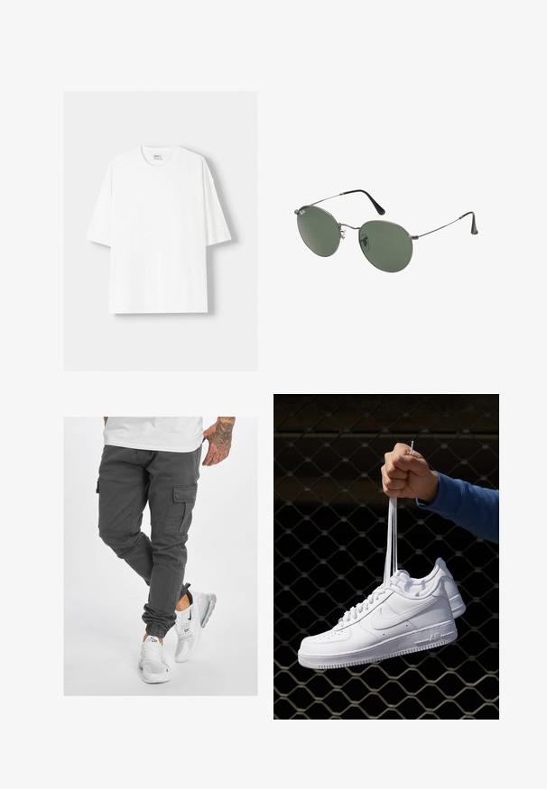 Hvid kortærmet T-shirt lavet af bomuld, med rund halsudskæring og en afslappet pasform. Glat tekstur, uden synlige mønstre eller detaljer.; Grå cargo bukser med flere lommer, tætsiddende ben og justerbare manchetter, parret med hvide sneakers med sorte detaljer og klare såler.; Hvide lædersneakers med perforeringer, rund tå, flad sål og tykke snørebånd, med et synligt swoosh-logo og "AIR" på hælen.; Metalrammede solbriller med ovale grønne linser. Tynd sølvmetalramme og sorte ørepropper. Minimalistisk design, ingen synlige logoer.