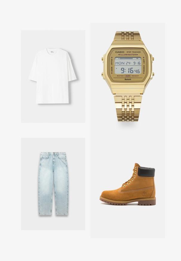 Bela kratka majica s kratkimi rokavi iz bombaža, s krožnim izrezom in sproščenim krojem. Gladka tekstura, brez vidnih vzorcev ali poudarkov.; Svetlo modri traper hlače z ohlapnim krojem, ravnimi nogami, zbledelim videzom, petimi žepi in kovinsko zadrgo na pasu.; Svetlo rjave anklne čizme iz semiša z črnim oblazinjenim ovratnikom, zlatimi kovinskimi očesci, belimi šivi in robustnim gumijastim podplatom s izrazitimi tredi.; Zlata digitalna ura z rectanglarnim številčnikom, funkcijo štoparice, vodoodpornostjo in kovinskim povezovalnim zapestjem. Prikazuje čas in datum.