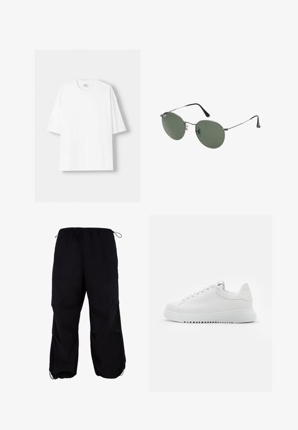 Bela kratka majica s kratkimi rokavi iz bombaža, s krožnim izrezom in sproščenim krojem. Gladka tekstura, brez vidnih vzorcev ali poudarkov.; Črne, proste cargo hlače z elastičnim pasom in nastavljivim vrvico. Imajo zadrgo žepov in manšete na gležnjih.; Bela usnjena športna obutev z vezalkami, strukturirano površino in debelim belim gumijastim podplatom, ki ima nazobčan rob za boljši oprijem.; Sončna očala z ovalnimi zelenimi lečami v kovinskem okvirju. Tanjši srebrni kovinski okvir in črne ušesne konice. Minimalistična zasnova, brez vidnih logotipov.
