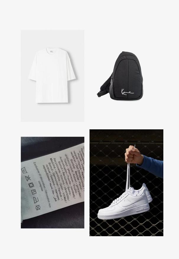 Biela tričko s krátkym rukávom vyrobené z bavlny, s okrúhlym výstrihom a voľným strihom. Hladká textúra, bez viditeľných vzorov alebo akcentov.; Štítok s viacjazyčným textom, symbolmi starostlivosti a ikonami recyklácie, vytlačený na jemnom textilnom materiáli svetlej farby.; Biele kožené tenisky s perforáciami, okrúhlou špičkou, plochou podrážkou a hrubými šnúrkami, pričom majú viditeľné logo swoosh a nápis "AIR" na päte.; Čierny látkový vakuový batoh s hladkou textúrou, ktorý má zakrivený dizajn, zipsovú priehradku a biele logo vpredu.
