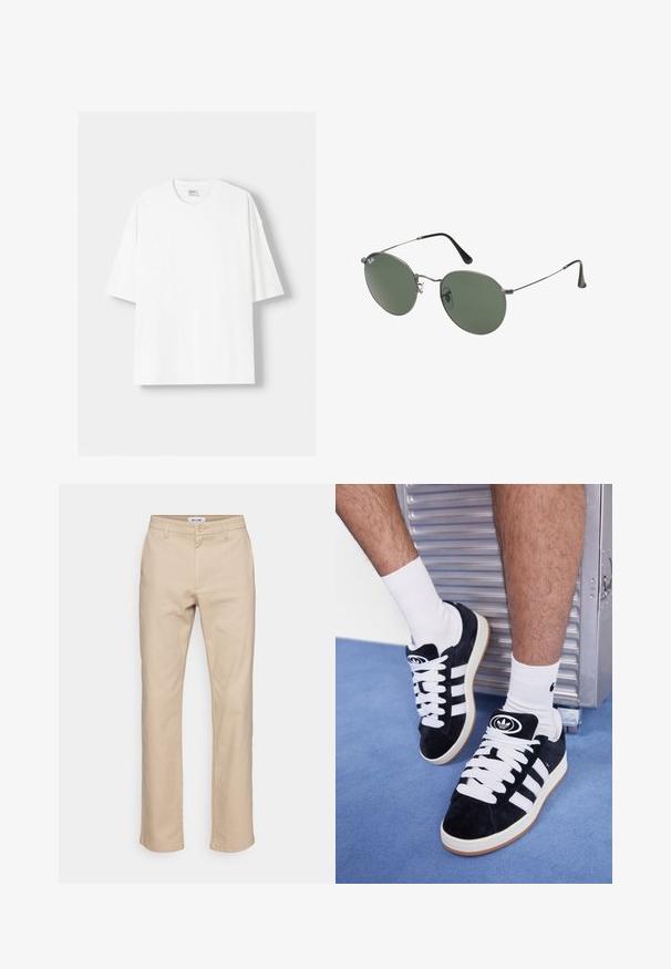 Witte t-shirt met korte mouwen, gemaakt van katoen, met een ronde halslijn en een relaxte pasvorm. Gladde textuur, zonder zichtbare patronen of accenten.; Beige katoenen broeken met een recht pijpontwerp, voorzien van een knoopsluiting, riemlussen en zijzakken. Gladde textuur.; Zwarte suède sneakers met witte veters en drie witte strepen. Heeft een cirkelvormig zwart logo op de tong en een gumrubberen zool.; Metalen zonnebril met ovale groene lenzen. Dunne zilveren metalen rand en zwarte oorstoppers. Minimalistisch ontwerp, zonder zichtbare logo's.