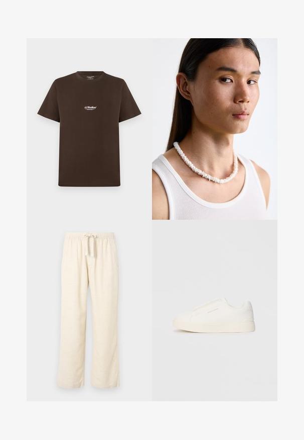 T-shirt de algodão castanho com mangas curtas, gola redonda e um pequeno logótipo branco no peito. Textura suave e ajuste regular.; Calças largas em mistura de linho em off-white, com um cós elástico e cordão. Textura suave e design de comprimento total.; Sapatilhas brancas de atacar com uma superfície texturizada, sola grossa e design minimalista. Possui o logo da marca na lateral.; Colar de conchas brancas composto por formas irregulares, usado sobre uma camisola justa branca. Textura suave com um brilho subtil, design justo.
