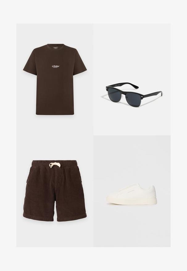 Ruda medvilnė marškinėliai trumpomis rankovėmis, apvaliu kaklu ir mažu baltu logotipu ant krūtinės. Lygus paviršius ir standartinė forma.; Rudos korduroy šortai su elastingu liemeniu, šnurku uždarymu ir šoninėmis kišenėmis. Audinys turi vertikalią raitymą ir tekstūruotą apdailą.; Baltos slip-on sportbačiai su tekstūruota paviršiumi, storesniu padu ir minimalistišku dizainu. Šone matosi prekės ženklo logotipas.; Juodos saulės akinių su stačiakampiu rėmeliu, tamsiais lęšiais, sidabrinėmis detalėmis šventrajose ir matinio paviršiaus rėmeliu.
