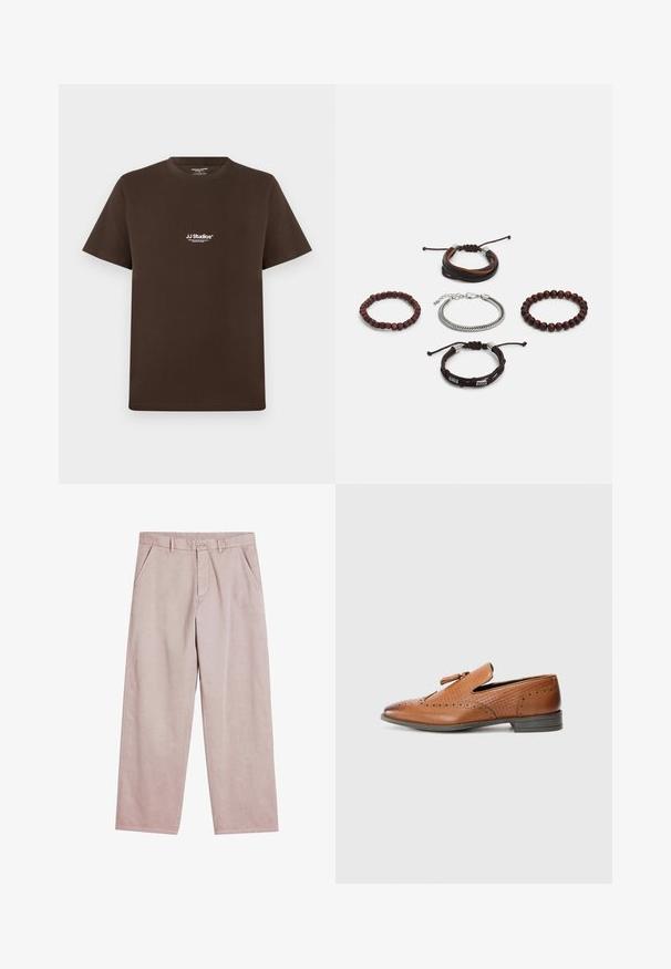 T-shirt in cotone marrone con maniche corte, collo tondo e un piccolo logo bianco sul petto. Texture liscia e vestibilità regolare.; Pantaloni ampi rosa chiaro realizzati in tessuto morbido, con tasche frontali e chiusura a bottone, arricchiti da dettagli di cucitura sottili.; Scarpa in pelle marrone con dettagli perforati, lati testurizzati, suola piatta e un fiocco decorativo nella parte superiore. Design classico con una finitura liscia.; Set di cinque bracciali caratterizzati da pelle marrone, perline di legno e una catena in argento; texture e forme variabili, con chiusure regolabili.