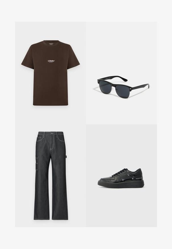 Brown cotton t-shirt with short sleeves, round neck, and a small white logo on the chest. Smooth texture and regular fit.; Dark denim cargo pants with a wide leg design, contrasting white stitching, side pockets, and a patch pocket on the left leg.; Black leather sneakers with a smooth finish, round toe, and contrasting black rubber sole. Features flat laces and branding on the side.; Black sunglasses with a rectangular shape, dark lenses, silver accents at the temples, and a matte finish on the frame.