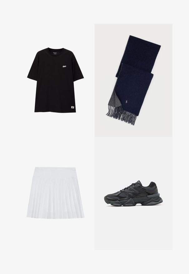 Črna splošno prilegajoča majica iz bombaža s kratkimi rokavi. Ima majhen bel logo na prsih in nalepko na spodnjem robu.; Bela plisirana krila z gladkim pasom. Narejena iz lahkotnega, teksturiranega materiala. Ima navpične, enakomerne plise po celotni dolžini.; Črne tekaške superge, ki združujejo mrežaste in sintetične materiale, imajo debel podplat, ukrivljen oblikovni slog ter izrazito blagovno znamko na strani.; Modra volna ruta z mornarsko modrim zgornjim delom in sivo obratno stranjo, z resicami na koncih in majhnim izvezenim logotipom blizu enega roba.