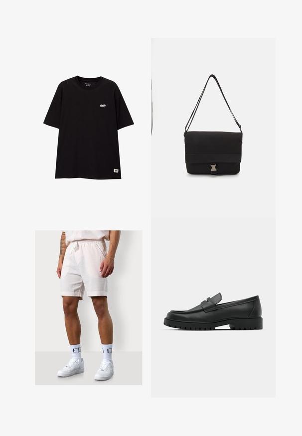Black relaxed-fit t-shirt made of cotton with short sleeves. Features a small white logo on the chest and a tag on the lower hem.; White, textured shorts with a subtle grid pattern, featuring an elastic waistband and drawstring. Paired with white sneakers and socks.; Black leather loafers with a rounded toe, featuring a stitched design, low platform sole, and a textured, lugged rubber outsole.; Black messenger bag made of smooth material, featuring a fold-over flap, silver clasp hardware, and an adjustable shoulder strap.