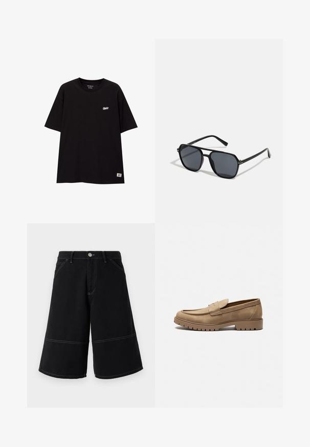Czarny, luźny t-shirt z bawełny z krótkimi rękawami. Posiada małe białe logo na piersi oraz metkę na dolnym brzegu.; Czarne szorty dżinsowe o szerokim kroju, z kontrastowymi żółtymi szwami oraz kieszeniami z przodu. Materiał ma gładką, mocną teksturę.; Beżowe zamszowe loafersy z okrągłym noskiem, płaską gumową podeszwą i dekoracyjnym przeszyciem na cholewce. Posiadają design typu slip-on, bez sznurówek.; Czarne okulary przeciwsłoneczne z ośmiokątną oprawką, ciemnymi soczewkami, błyszczącym wykończeniem, cienkimi zausznikami i złotymi akcentami na przodzie.