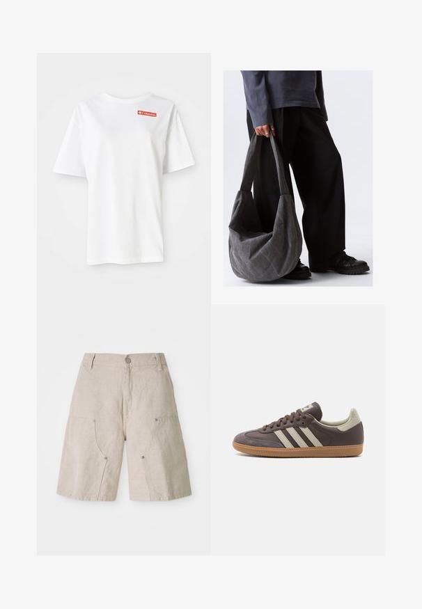 Balts kokvilnas t-krekls ar īsām piedurknēm un noapaļotu kakla izgriezumu, ar mazu sarkanu Columbia logotipu kreisajā krūšu zonā.; Bēša linu šorti ar brīvu piegriezumu, kas aprīkoti ar divām priekšējām kabatām un apaļiem metāla akcentiem. Ikdienas dizains ar teksturētu apdari.; Brūni ādas snekeri ar trim gaismas krāsas svītrām, gumijas zole, noapaļota purngala daļa un teksturēti zamša akcenti uz papēža un purngala.; Pelēkas auduma plecu soma ar brīvu formu, ar gludu tekstūru un platām siksnām. Somu tur personas tumšās biksēs.