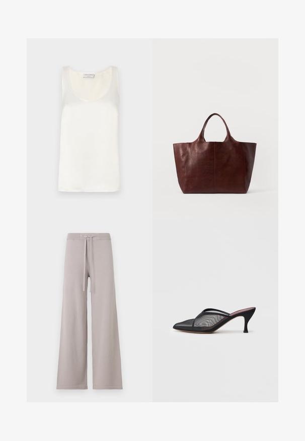 Bílé saténové tílko bez rukávů s kulatým výstřihem a hladkou texturou, s jemným leskem a čistými okraji.; Světlé šedé, široké tepláky z měkké tkaniny. Mají ribbovanou gumu v pase s šňůrkou a decentní stehy na lemu.; Černé síťované muly s špičatou špičkou, tenkými popruhy a 7,5 cm stiletto podpatkem. Vyznačují se průhlednou texturou a pevným tónovaným podkladem.; Hnědá kožená taška přes rameno s hladkým povrchem, širokým tělem a dvěma krátkými madly. Vyznačuje se minimálním šitím, bez viditelného kování nebo doplňků.