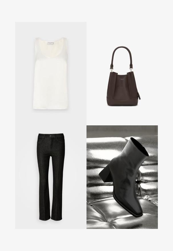 Fehér selymes ujjatlan top, kerek nyakkivágással és sima felülettel, finom fényvédelemmel és letisztult élekkel.; Fekete farmernadrág egyenes szabással, gombos záródással, öt zsebbel és finom varrási részletekkel. Simaszerkezet és klasszikus dizájn.; Fekete bokacsizma fényes anyagból, négyzetes orral és szűkített sarkú, egy csillogó ezüst kárpitozott háttér előtt.; Carlheim ADALINE - Kézitáska - brown