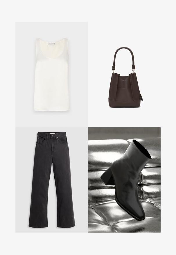 Valge satiinist õlapaeltega T-särk, millel on ümmargune kaelus ja sile tekstuur, kerge sära ning puhtad servad.; Mustad teksast laiad püksid kõrge vöökoht, viie tasku ja metallist nupu kinnitusega. Kangas on sile, kergelt kulunud tekstuuriga.; Must musta narmand, läikiva materjali ja ruudukujulise varbaga ning kitseneva kontsaga, paigutatud läikiva hõbedaselt tuftitud tausta ette.; Carlheim ADALINE - Käekott - brown