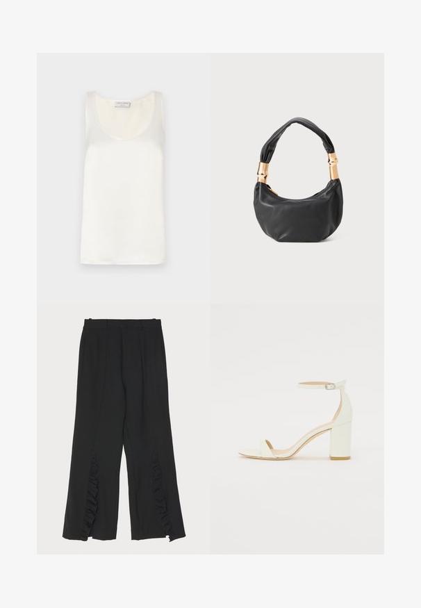 Bela satenska brezrokavna majica z okroglim ovratnikom in gladko teksturo, z rahlim leskom in čistimi robovi.; Črne hlače širokega kroja, ki imajo naborke ob stranskih šivih in raven pas. Gladek tekstil, natančno krojene.; Bela usnjena sandala z blok peto, ki ima zanko okoli gležnja s sponko in minimalističen dizajn. Odkrit prst in gladke teksture po vsej površini.; Črna usnjena torbica okrogle oblike, mehke teksture, z vozlanim ročajem in zlatimi kovinskimi dodatki. Zadrga za zapiranje.