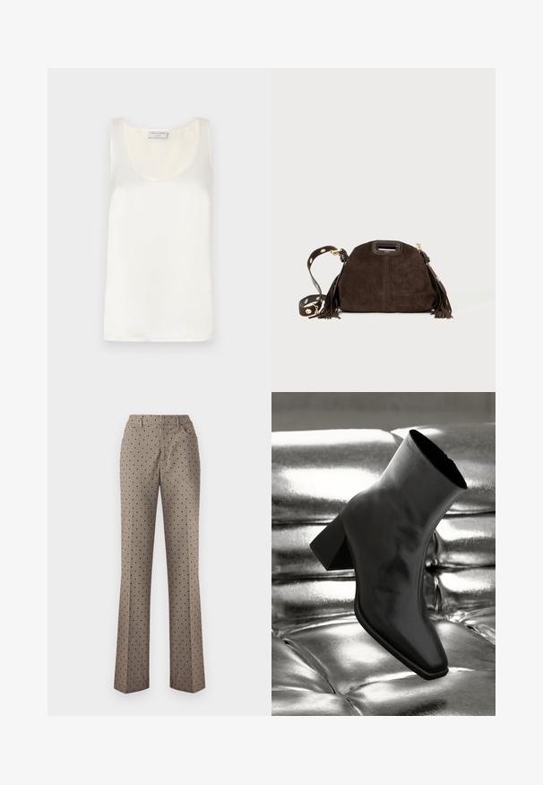 Balts satīns bez piedurknēm T-krekls ar apaļu izgriezumu un gludu tekstūru, ar vieglu spīdumu un tīrām malām.; Bežīgas iešuvumos ar melniem punktiem, taisna kāju dizains, viena aizmugures kabata un jostas cilpas, izgatavotas no strukturētas auduma.; Melnas potītes kurpes, izgatavotas no spīdīga materiāla, ar kvadrātveida purngalu un konusveida papēdi, novietotas uz spīdīga sudraba izšūta fona.; Brūns zamšs rokassomiņš ar apaļu formu, dekoratīvām frizēm, noņemamu siksniņu ar zelta piederumiem un augšējo rokturi.