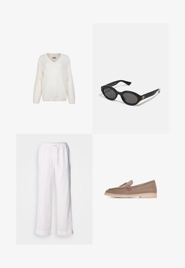 Witte gebreide trui met een V-hals, lange mouwen en geribde boorden. Zachte textuur, ontspannen pasvorm en afgewerkt met een geribde zoom.; Witte linnen broeken met een losse pasvorm, elastische tailleband en trekkoord. Heeft rechte pijpen en opgerolde zoom voor een casual uitstraling.; Bruine leren instapper met een gladde textuur, voorzien van een decoratieve band en gouden hardware, rustend op een lichtbeige rubberen zool.; Zwarte ovale zonnebril met donkere glazen en een glanzend kunststof frame. Heeft een gouden logo op de poot, dat een strakke en moderne uitstraling biedt.; Gouden ring met een parelontwerp, met gelijkmatig verdeelde, ronde kralen met een glanzend, reflecterend oppervlak.