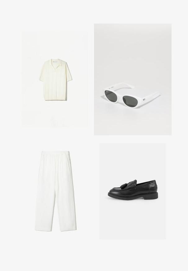 Korte mouwen pullover in crèmekleurige brei met verticale strepen, een ontspannen kraag en ribbeldetails aan de onderrand voor textuur.; Witte, wijde broek gemaakt van textiel met structuur. Bevat een elastische tailleband en twee zijzakken. Casual, losse pasvorm.; Zwarte leren instappers met een ronde neus, decoratieve franjes, gestikte details en een lage rubberen zool. Klassiek slip-on ontwerp.; Witte zonnebril met ronde montuur en donkere glazen. Heeft een gladde plastic structuur en een klein logo op de poot.