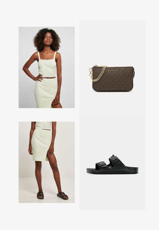 Hellgrünes, geripptes Crop-Top mit quadratischem Ausschnitt und breiten Trägern, kombiniert mit einem passenden, knielangen Rock mit einem seitlichen Schlitz.; Helles grünes, geripptes Strickrock mit einem Oberschenkel hohen Schlitz, kombiniert mit schwarzen Schlüpfsandalen. Das schlichte, figurbetonte Design hebt Struktur und Farbe hervor.; Schwarze Gummisandalen mit zwei verstellbaren Riemen, strukturiertem Fußbett und einer dicken, profilierten Sohle, die ein minimalistisches Design aufweisen.; Braune Leder-Crossbody-Tasche mit Logo-Muster, goldener Kettenriemen, Reißverschlussverschluss und goldenen Hardware-Details. Kompakte und rechteckige Form.