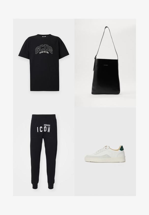 Črn bombažni majica s kratkimi rokavi. Vsebuje belo GCDS logotip in napis "MILANO ITALY 1988" v loku. Standardno prileganje in krožni ovratnik.; Črne trenirke z mehkim materialom, zoženimi hlačnicami in žepi. Na hrbtni strani je v bold beli barvi napis "DSQUARED2 ICON".; Bela trenerka z zaključki iz semiša, okroglo konico, ravne vezalke in kremna gumijasta podplata. Ima zeleno blagovno znamko na peti.; Črna usnjena torba za ramo z gladko teksturo, pravokotno obliko in dolgim pasom; vsebuje majhen bel logotip na sredini.