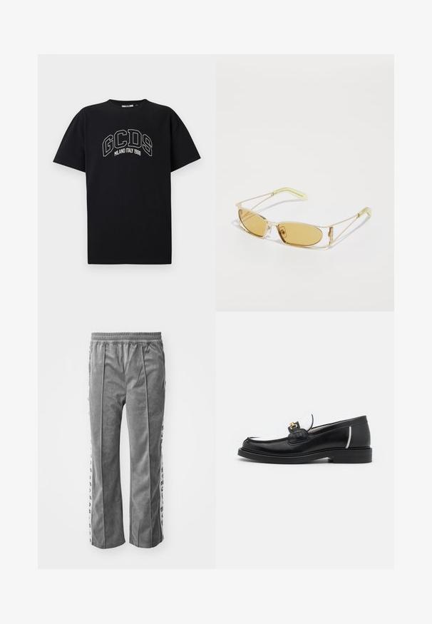 Crna pamučna majica s kratkim rukavima. Ima bijeli GCDS logo i tekst "MILANO ITALY 1988" u luku. Standardni kroj i okrugli izrez.; Sive velur hlače s elastičnom trakom u struku, sa bočnim prugama s grafičkim printovima. Širokog kroja, glatke teksture i bez džepova.; Crni kožni loafer s zaobljenim nožnim dijelom, bijelim akcentima i zlatnim detaljima na prednjem dijelu. Ima teksturiranu zakrpu i složeni potplat.; Nažute naočale za sunce s prozirnim zlatnim okvirom, uskim pravokutnim oblikom i oštrim rukama s svijetlozelenim naglascima.