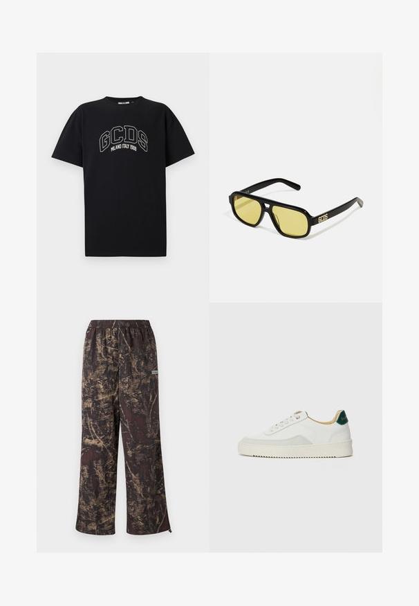 Black cotton t-shirt with short sleeves. Features white GCDS logo and "MILANO ITALY 1988" text in an arch. Standard fit and crew neck.; Wide-leg pants featuring a dark brown base with a gold textured pattern. Elastic waistband with a logo tag on the side.; White sneaker with suede accents, rounded toe, flat laces, and a cream rubber sole. Features green branding on the heel.; GCDS UNISEX - Sunglasses - shiny black