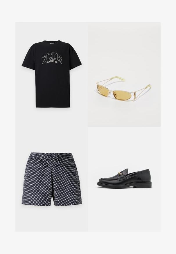 Zwarte katoenen t-shirt met korte mouwen. Bevat een wit GCDS-logo en de tekst "MILANO ITALY 1988" in een boog. Standaard pasvorm en ronde hals.; Marineblauwe shorts met een wit rond stippenpatroon, voorzien van een elastische tailleband met een trekkoord. Lichtgewicht stof, comfortabele pasvorm.; Zwarte leren instappers met een ronde neus, voorzien van een gouden hardware accent en stikdetails, geplaatst op een lage, getextureerde rubberen zool.; Geel getinte zonnebril met een doorzichtig gouden montuur, slank rechthoekig ontwerp en hoekige armen met lichtgroene accenten.