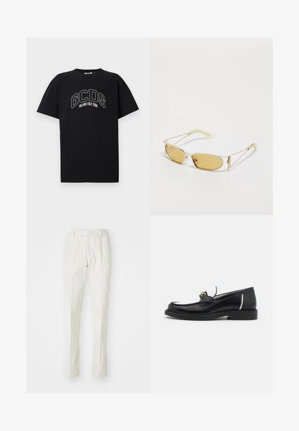 Maglietta nera in cotone a maniche corte. Presenta il logo bianco GCDS e il testo "MILANO ITALY 1988" disposto ad arco. Vestibilità standard e colletto tondo.; Pantaloni bianchi in cotone, con un design a gamba dritta, fronte piatto e senza motivi o hardware visibili. Texture liscia.; Mocassino in pelle nera con punta arrotondata, accenti bianchi e dettagli in oro sulla parte anteriore. Presenta un patch testurizzato e un tacco impilato.; Occhiali da sole con tintura gialla, montatura traslucida dorata, forma rettangolare slanciata e aste angolari con dettagli verde chiaro.