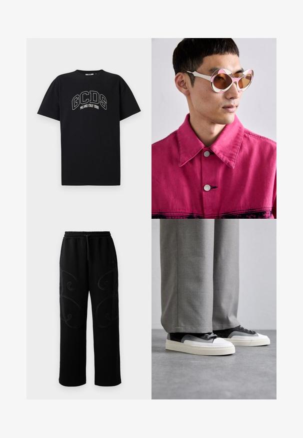 Μαύρο βαμβακερό t-shirt με κοντά μανίκια. Διαθέτει λευκό λογότυπο GCDS και κείμενο "MILANO ITALY 1988" σε αψίδα. Κανονική εφαρμογή και στρογγυλή λαιμόκοψη.; Μαύρο σορτσάκι με χαλαρή εφαρμογή, με περίπλοκα συρταρωτά σχέδια κατά μήκος των πλαισίων και ελαστική μέση με κορδόνι.; Filling Pieces RIVIERA - Αθλητικά παπούτσια - grey; Λευκά και ροζ υπερμεγέθη γυαλιά ηλίου με καμπύλο σκελετό, διαθέτοντας καφέ φακούς με σκίαση. Το μοντέλο φοράει μια ροζ τζιν ζακέτα με γιακά.