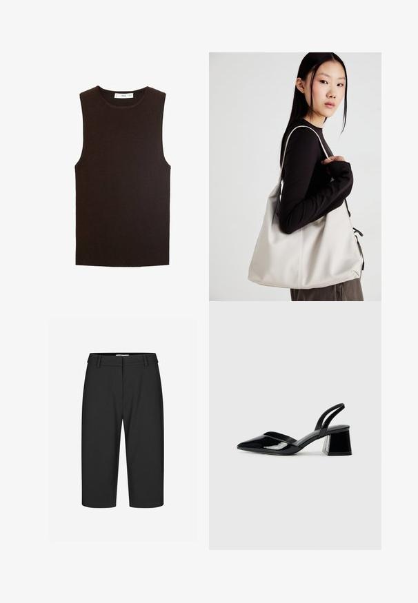 Brown, sleeveless knit top with a round neckline. Features a ribbed texture and a relaxed fit. Plain design without patterns or accents.; Black tailored bermuda shorts, smooth fabric, mid-rise waist, single pleat front, no visible pockets, hemmed bottom, structured design.; Black patent leather slingback heels with a pointed toe and a geometric block heel. Features a sleek, minimal design and smooth texture.; Beige handbag made of soft material, featuring a slouchy design, stitched detailing, and two shoulder straps. Suitable for everyday use.