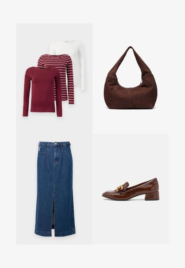 Tre langærmede T-shirts: en ensfarvet bordeaux, en bordeaux med hvide striber, og en ensfarvet hvid. Alle er lavet af blødt, strækbart stof.; Denim midi-skirt i mørkeblå, med en frontslid, fem-lomme design og bæltestropper i taljen. Glat, robust tekstur.; Brune læder loafers med en blank finish, der har en dekorerende guld spænde foran og en lav blokhæl. Klassisk design.; Brun ruskinds hobo taske med et buet, bredt håndtag og en stor åbning. Blød tekstur med synlige stikninger langs kanterne.