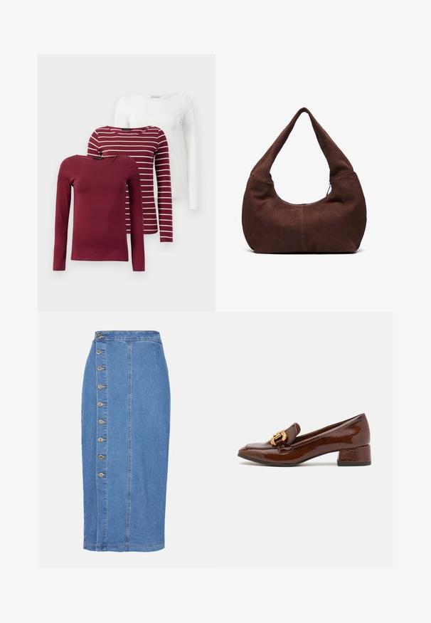 Kolm pikavarsi T-särki: üks ühtlane burdeos, üks burdeos valgete triipudega ja üks ühtlane valge. Kõik on valmistatud pehmest, venivast kangast.; Heledaniini sinine midiseelik esifunktsiooni nupuga, seitsme metallnupuga ja sirge siluetiga, mille hemline ulatub põlve allapoole.; Pruunid nahast loafersid läikiva viimistlusega, esiosal dekoratiivne kuldne pannal ja madal plokk konts. Klassikaline disain.; Pruuni nahkhiirekott, millega on kaasas kumer ja lai käepide ning suur avaus. Pehme tekstuuriga, mille servadel on nähtavad õmblustähed.