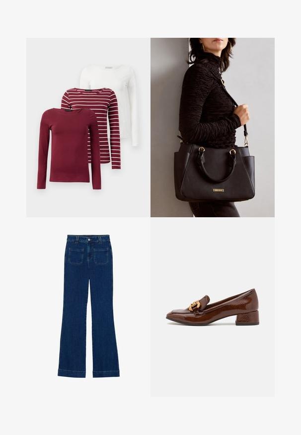 Tri majice s dugim rukavima: jedna jednobojna burgundija, jedna burgundija s bijelim prugama i jedna potpuno bijela. Sve su napravljene od mekanog, rastezljivog materijala.; Traperice širokog kroja u tamnoplavoj boji s glatkom teksturom, dizajnom s pet džepova i zatvaranjem na dugme u struku.; Smeđe kožne mokasine s sjajnom završnom obradom, s ukrasnom zlatnom kopčom sprijeda i niskim blok petama. Klasičan dizajn.; Crna torba s teksturiranom površinom, dvostrukim gornjim ručkama i podesivom remenom za rame. Ima zlatne metalne detalje i bočne džepove.