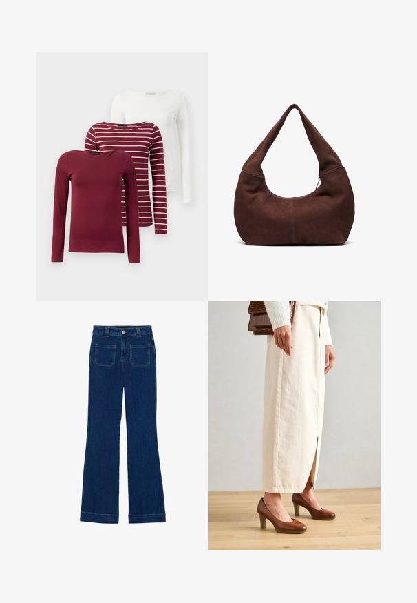 Tre långärmade t-shirts: en i enhetlig vinröd, en vinröd med vita ränder, och en enhetlig vit. Alla är tillverkade av mjukt, stretchigt tyg.; Mörkblå jeans med utsvängd benform och en slät textur, fem fickor och knäppning i midjan.; Bruna klackskor med rund tå, tillsammans med en gräddfärgad lång kjol med en framficka, och en texturerad brun handväska.; Brun mockaim väskan med ett böjt, brett handtag och en stor öppning. Mjuk textur med synlig sömnadsdetalj längs kanterna.