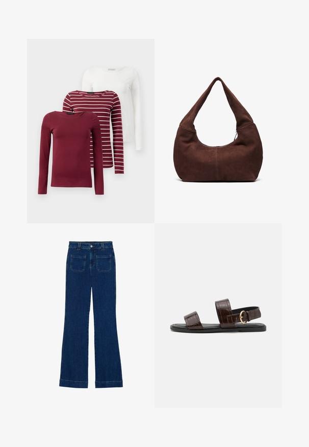 Trīs garās piedurknes T-kreklus: viens vienkrāsains burgundijas, viens burgundijas ar baltām svītrām un viens vienkrāsains balts. Visi ir izgatavoti no mīkstas, elastīgas auduma.; Tumši zili džinsi ar izplestām kājām, gluda tekstūra, piecu kabatu dizains un pogu aizdare jostas vietā.; Braunam krokodila rakstu ādas sandalēm ar divām platām siksnām un zelta sprādzi, ar platu melnu zoli.; Brūna zamšādas hobo soma ar izliekta, plaša rokturi un lielu atvērumu. Mīksta tekstūra ar redzamām šuvju detaļām gar malām.