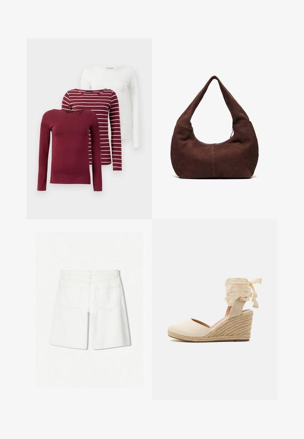 Tři trička s dlouhým rukávem: jedno jednobarevné vinné, jedno vinné s bílými pruhy a jedno jednobarevné bílé. Všechna jsou vyrobena z měkké, pružné látky.; Bílé denimové šortky s rovnoměrným střihem, s vysokým pasem, dvěma zadními kapsami a jemným prošitím.; Beige espadrilky na klínku s plátěným svrškem, otevřenou špičkou a měkkými stužkami. Texturovaný juteový klínek s pleteným vzorem.; Hnědá semišová hobo taška s zakřiveným, širokým uchem a velkým otvorem. Měkká textura se viditelným prošíváním podél okrajů.
