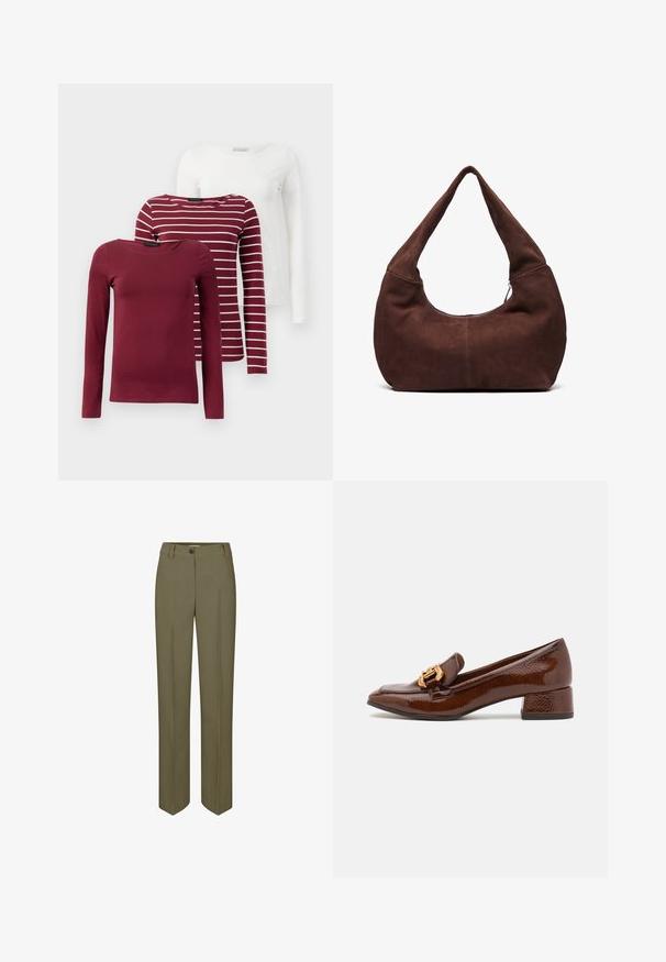 Three long-sleeve t-shirts: one solid burgundy, one burgundy with white stripes, and one solid white. All are made of soft, stretchable fabric.; Olive green tailored trousers with a straight leg, single button closure, and two front pleats, featuring a smooth, woven texture.; Brown leather loafers with a glossy finish, featuring a decorative gold buckle on the front and a low block heel. Classic design.; Brown suede hobo bag with a curved, wide handle and a large opening. Soft texture with visible stitching detailing along the edges.
