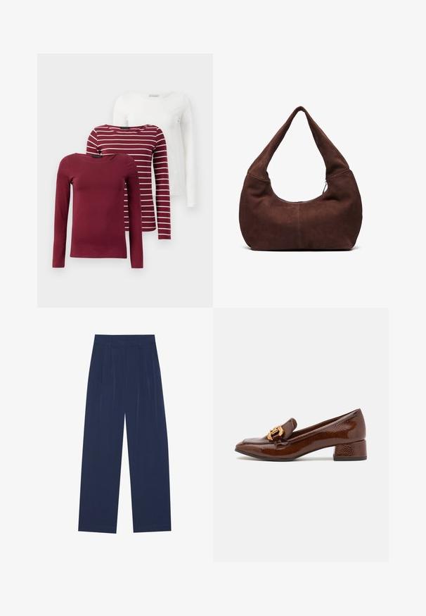 Kolme pitkähihasta T-paitaa: yksi yksivärinen burgundinvärinen, yksi burgundinvärinen valkoisilla raidoilla ja yksi täysin valkoinen. Kaikki on valmistettu pehmeästä, joustavasta kankaasta.; Navy siniset leveälahkeiset housut, joissa on pehmeä kangas, etuvaljaat, sileä pinta ja suora malli ilman näkyviä taskuja.; Ruske nahkasaapad läikiva viimistlusega, millel on ees dekoratiivne kuldne klamber ja madal plokkkonts. Klassikaline disain.; Ruskea mokkahobo-laukku, jossa on kaareva, leveä kahva ja suuri aukko. Pehmeä tekstuuri, jossa on näkyvää tikkausta reunoilla.