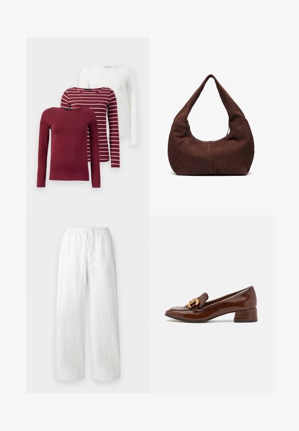 Három hosszú ujjú póló: egy egyszínű bordó, egy bordó fehér csíkos, és egy egyszínű fehér. Mindegyik puha, rugalmas anyagból készült.; Fehér, bő szárú nadrág rugalmas derékrésszel és zsinórigazítással. Könnyű anyagból készült, sima tapintású. Minták vagy díszítések nélkül.; Barna bőr loaferek fényes felülettel, dekoratív arany csattal az elején és alacsony blokk sarkával. Klasszikus dizájn.; Barna velúr hobo táska ívelt, széles fogantyúval és nagy nyílással. Puha textúra, a szélek mentén látható varrás részletekkel.
